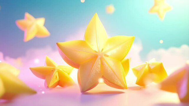 Star Fruit in a Dreamy Sky: A Surreal 3D Render of Carambola