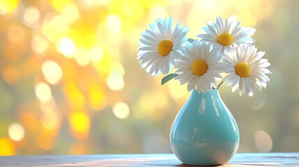 Three daisies in a light blue vase on a cozy wooden table in soft sunlight generative ai © Photo