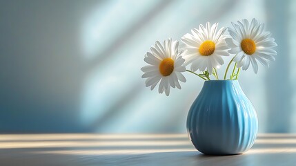 Three white daisies in a blue vase on a table in natural ambient light generative ai © Photo