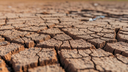Fototapeta premium Dry cracked soil surface with deep fissures showing drought effects on agriculture and need for water pumps to support irrigation