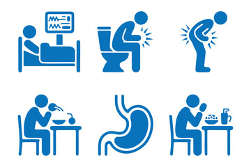 Set of Simple Blue Icons Depicting Common Digestive and Health Issues