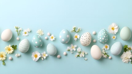 Pastel-colored Easter eggs and white flowers arranged on a light blue background. A festive spring design perfect for Easter cards, websites, and social media.