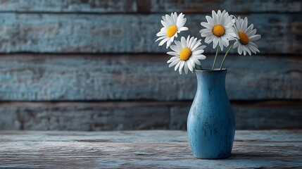 Three daisies in a blue vase on a weathered wooden table in a cozy setting generative ai © Photo
