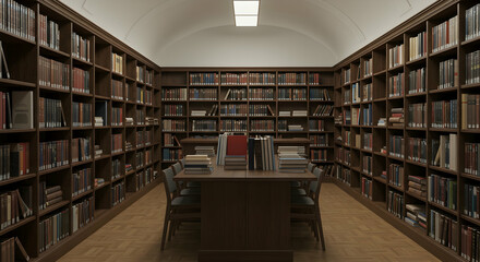 Obraz premium Cozy Library Interior with Wooden Shelves and Study Area