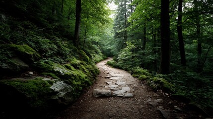 Obraz premium Enchanting woodland pathway covered with stones in a densely forested landscape