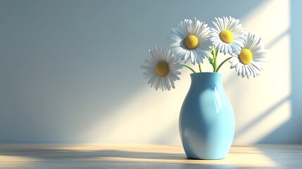 Blue vase with three daisies on a soft wooden table surrounded by natural light generative ai © Photo