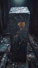 A weathered stone column rises dramatically in a dark and moody interior, creating contrast.