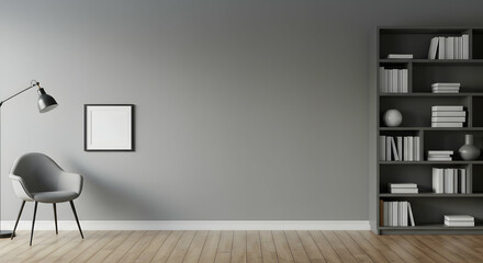 Fototapeta premium Modern Minimalist Interior with Empty Frame and Bookshelf