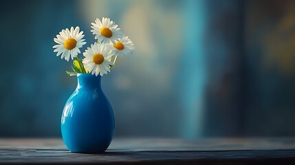 Fresh daisies in a blue vase resting on a wooden table with soft highlights generative ai © Photo