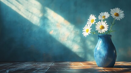 Three daisies in a blue vase on a wooden table surrounded by soft shadows generative ai © Photo