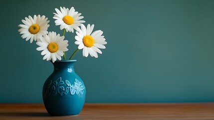 Three white daisies in a decorative blue vase sitting on a wooden table generative ai © Photo