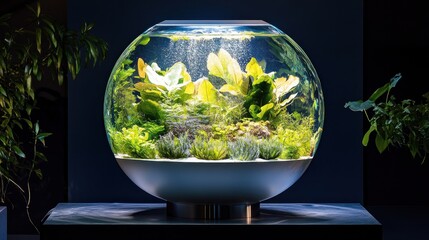 Modern spherical aquarium with plants