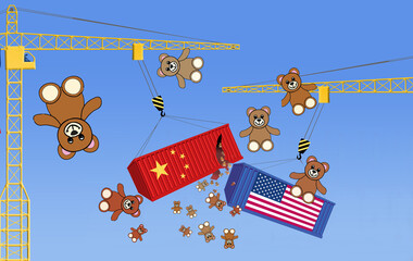 Battling shipping containers from China and USA swing on tower cranes and collide as teddy bears empty from the Chinese container in an illustration about the trade war.