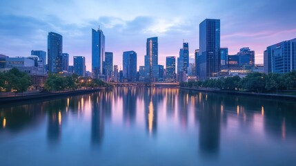 Fototapeta premium Reflections on Urban Waterscape: A Skyline Symphony at Dusk's Serene Hour
