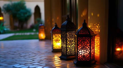 Intricate metal lanterns illuminate a mosaic stone patio at twilight. Warm candlelight casts beautiful shadows on a building's wall, creating a serene and inviting atmosphere.