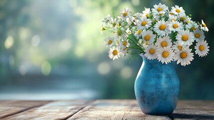 Fresh daisies in a blue vase sitting gently on a cozy wooden table generative ai © Photo