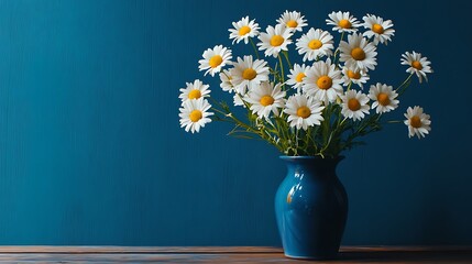Three fresh daisies in a blue vase placed gracefully on a wooden table generative ai © Photo