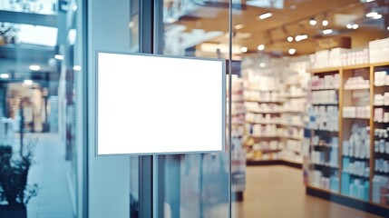 Blank White Sign Pharmacy Store Mockup Modern Retail Shop Window Display Advertising Template Business Exterior Design Blank Signage Showcase Commercial Product Promotion