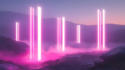 Nighttime landscape with towering glowing neon pillars looming over a foggy valley like giants , pillars, atmospheric, nighttime landscape. [Electric Myths] | Neon Giants | bright titans. Illustration