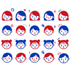 若い女性と男性 子供の表情セットいろいろな親子の顔　赤青