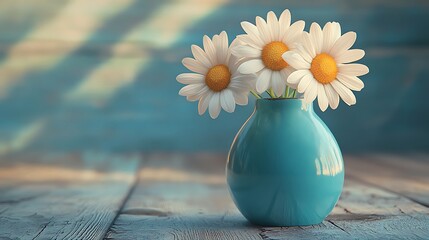 Three daisies in a light blue vase on a wooden table in the morning light generative ai © Photo