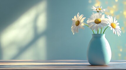Three daisies in a light blue vase on a wooden table in the morning light generative ai © Photo