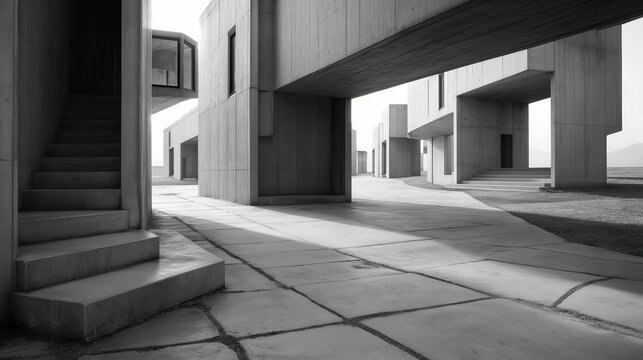 Modern architectural complex with concrete steps and tall rectangular columns in black and white