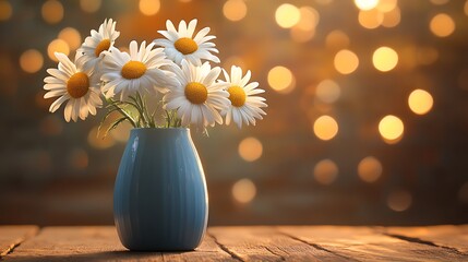 Three fresh daisies in a blue vase placed on a warm wooden table with soft lighting generative ai © Photo