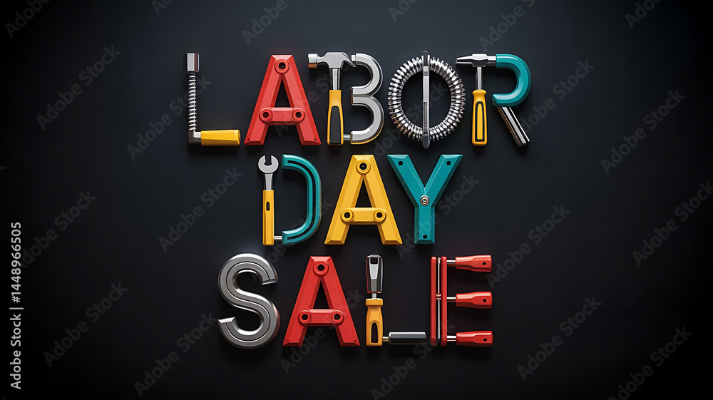 Fototapete Labor day sale, text made up with tools on black background banner template for website created with generative ai 