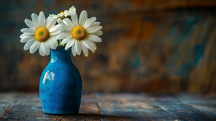 Three daisies in a blue vase sitting on a wooden table bathed in natural light generative ai © Photo