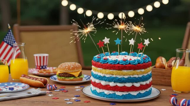 A round cake decorated with lit sparklers sits on a wooden table at the backyard party picnick