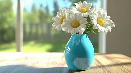 Three fresh white daisies arranged in a bright blue vase on a wooden table generative ai © Photo