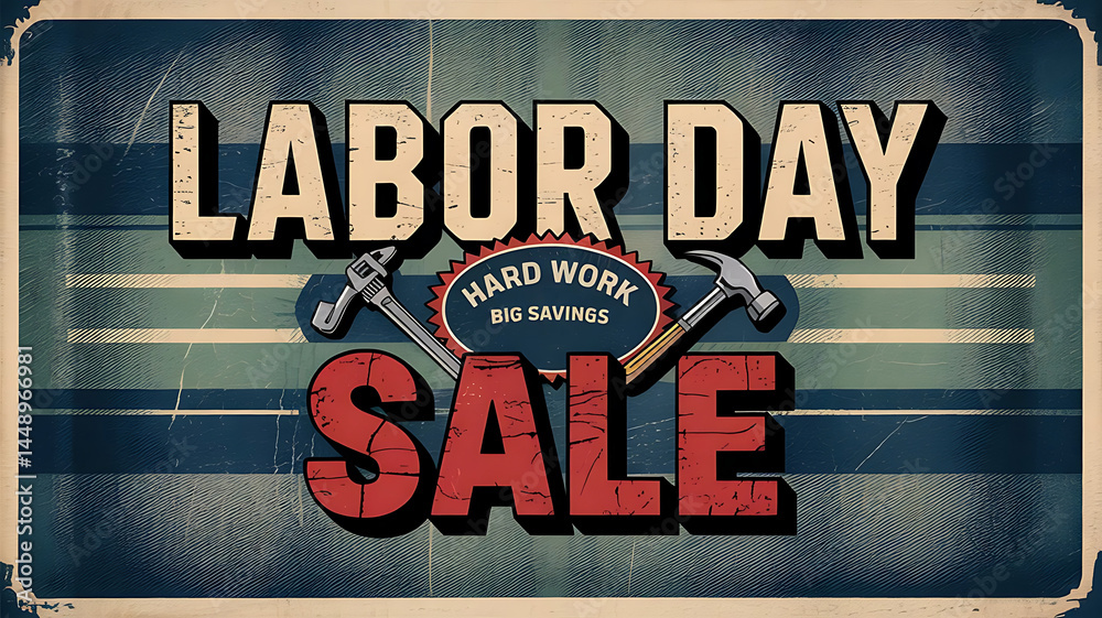 Fototapete Labor day sale, made up with tools on black background banner template for website created with generative ai 