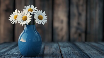 Blue vase with three white daisies sitting on a cozy wooden table generative ai © Photo