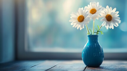 Three elegant daisies in a blue vase on a wooden table with soft glowing light generative ai © Photo