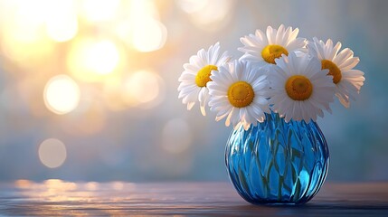 Three elegant daisies in a blue vase on a wooden table with soft glowing light generative ai © Photo