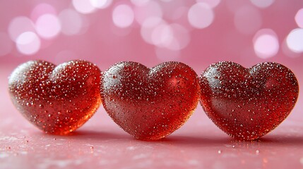 Fototapeta premium Three red hearts on a pink surface with bokeh background
