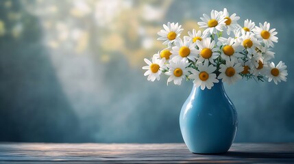 Fresh daisies in a blue vase placed on a wooden table in peaceful sunlight generative ai © Photo