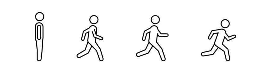 Progression of simple outlined stick figure icons depicting walking motion from standstill to full run, motion sequence. on a transparent background