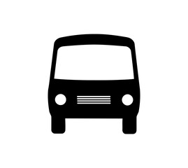 Front view of a minimalist black bus icon with headlights and grille, simplified transport representation, vehicle silhouette on a transparent background