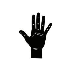 Stylized human hand in a monochrome dark tone featuring five fingers outstretched in an open gesture, flat vector drawing on a transparent background