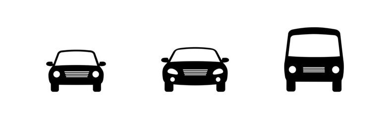 Automotive vehicle family, front view icons, various sizes, showcasing car, sedan and bus silhouettes, transport concept, on a transparent background