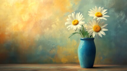 Three daisies arranged in a blue vase on a wooden table surrounded by natural warmth generative ai © Photo