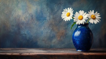 A blue vase with three daisies placed carefully on a vintage wooden table generative ai © Photo