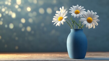 Three delicate daisies in a blue vase sitting on a wooden tabletop with soft glow generative ai