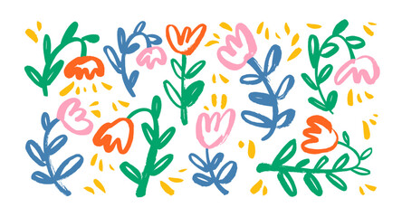 Collection of brush drawn naive meadow flowers. Doodle vector graphic flowers with stems. Colorful botanical naive kid's illustration. Hand drawn bold brush drawn plants, naive abstract cute blossom.