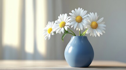 Three fresh daisies arranged in a blue vase on a light wooden table under soft lighting generative ai © Photo