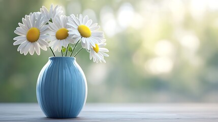 Three fresh daisies arranged in a blue vase on a light wooden table under soft lighting generative ai © Photo