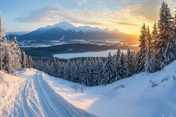 Serene winter panorama featuring snow-covered mountains and frosted fir trees
