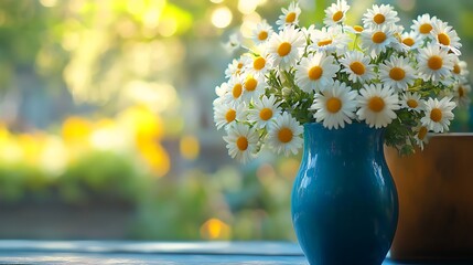 A charming blue vase filled with daisies, reflecting the serene beauty of summer generative ai